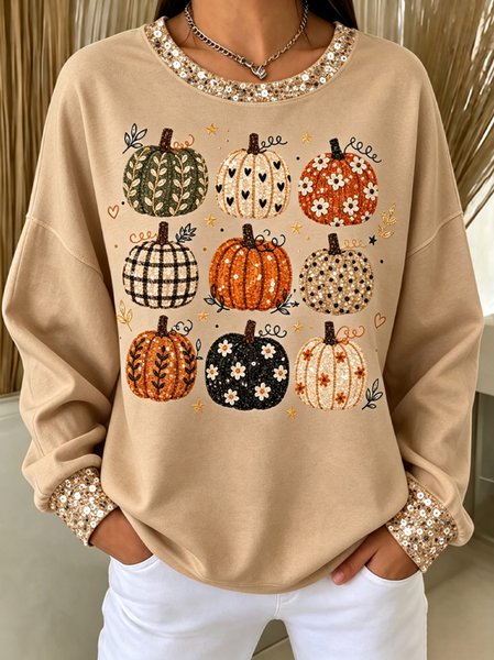 Casual Pumpkin Pattern Crew Neck Long Sleeve Sweatshirt