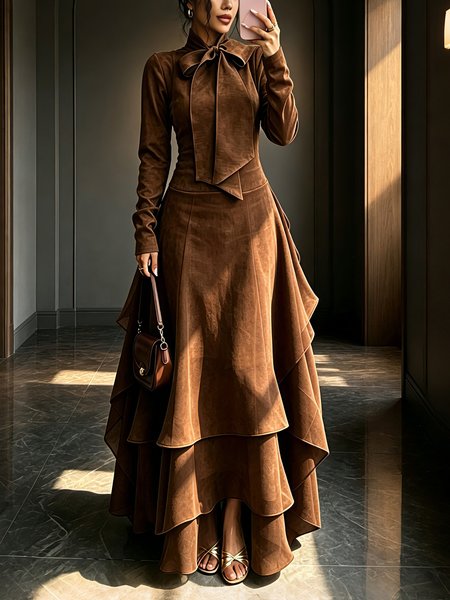 Suede Elegant Plain Folds Tie Neck Maxi Dress