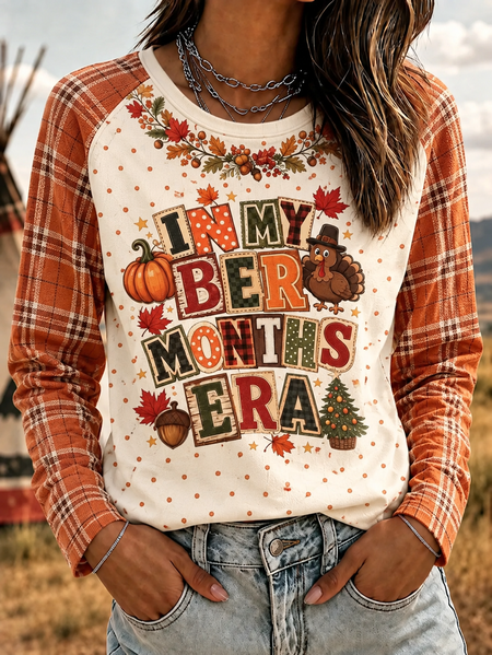 Women Plaid Long Sleeve Tee T-shirt Crew Neck Printing Casual Spring/Fall Top