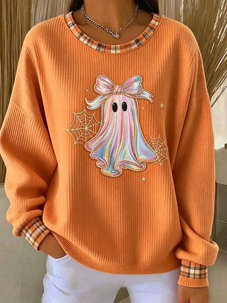 Women Plaid Crew Neck Printing Casual Spring/Fall Long Sleeve Sweatshirt