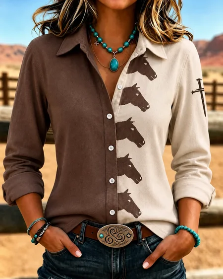 Shirt Collar Long Sleeve Color Block Printing Regular Micro-Elasticity Loose Shirt For Women Shirt Collar Long Sleeve Color Block Printing Regular Micro-Elasticity Loose Shirt For Women