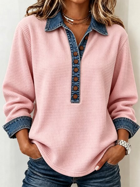 Women Plain Casual Shirt Shawl Collar Long Sleeve Top