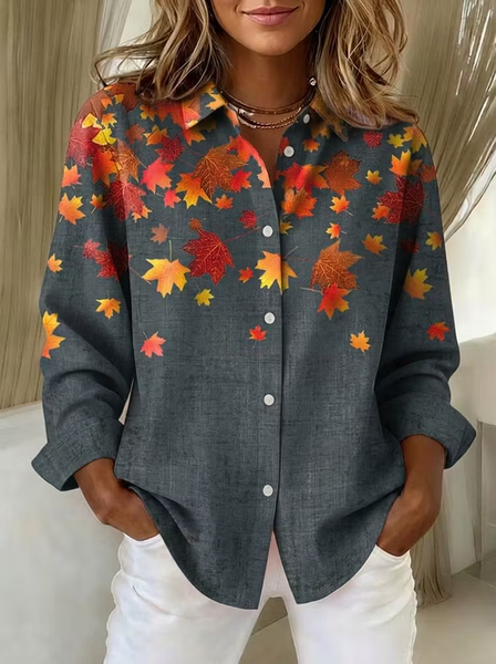 Women Maple Leaf Vintage Shirt Shirt Collar Long Sleeve Top