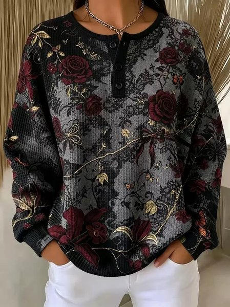 Women Floral Henley Collar Casual Spring/Fall Long Sleeve Sweatshirt