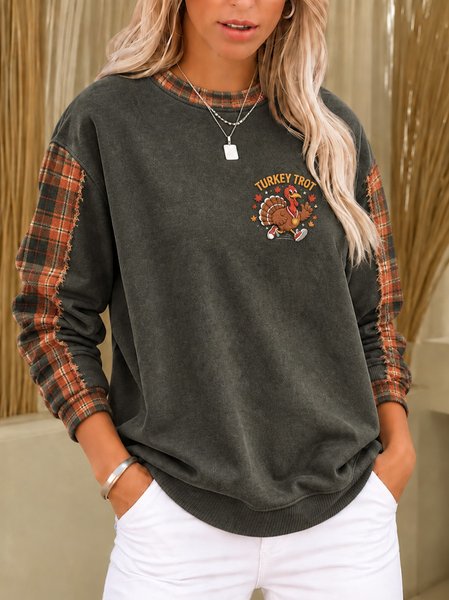 Casual Plaid Crew Neck Long Sleeve Sweatshirt