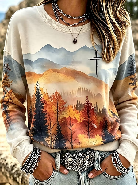 Women Leaf Crew Neck Printing Casual Spring/Fall Long Sleeve Sweatshirt