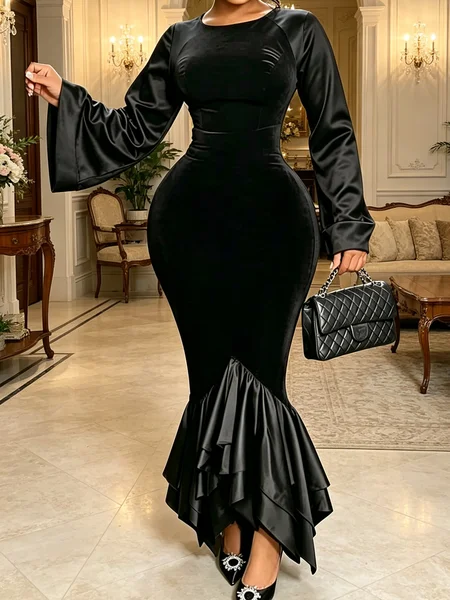 Elegant Plain Split Joint Crew Neck Maxi Dress