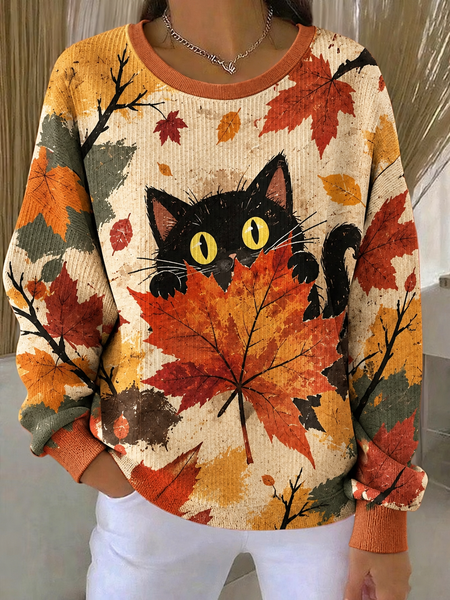 Women Cat Crew Neck Casual Spring/Fall Long Sleeve Sweatshirt