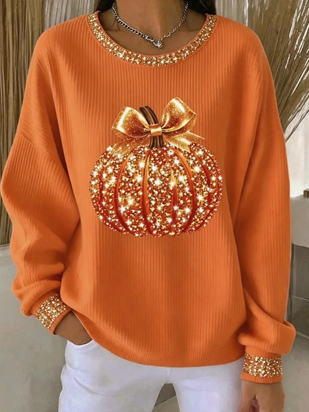 Women Halloween Crew Neck Printing Casual Spring/Fall Long Sleeve Sweatshirt
