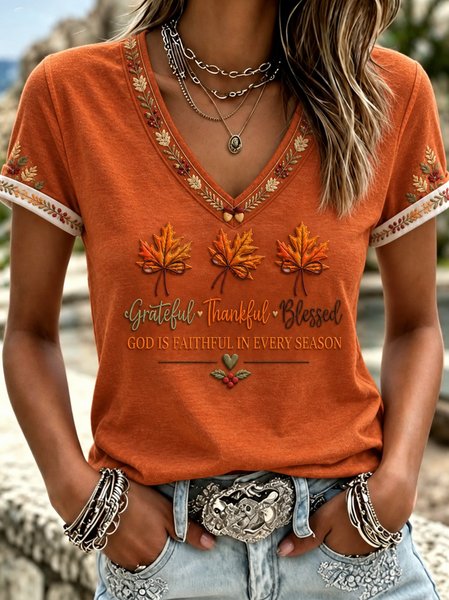 Vintage Text Letters V Neck Short Sleeve T-shirt