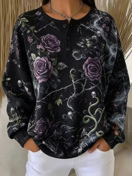 Women Floral Henley Collar Casual Spring/Fall Long Sleeve Sweatshirt
