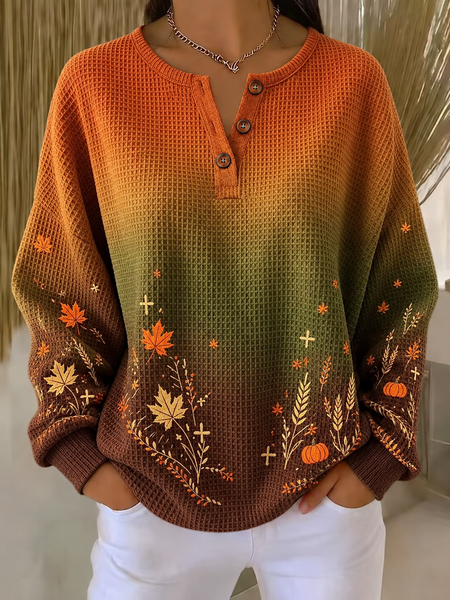 Women Abstract Henley Collar Casual Spring/Fall Long Sleeve Sweatshirt