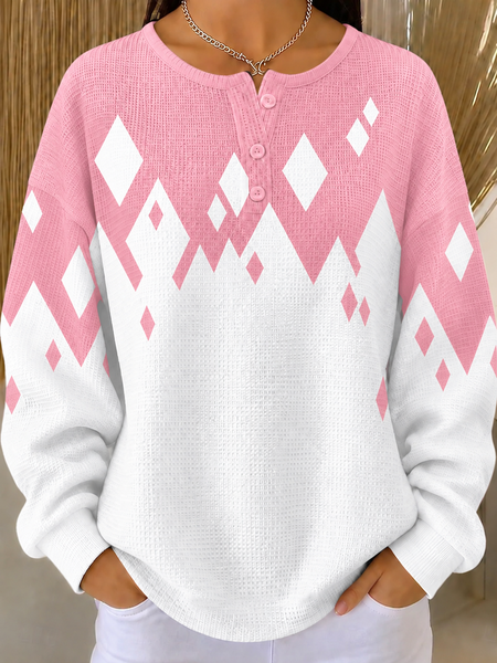 Women Geometric Henley Collar Casual Spring/Fall Long Sleeve Sweatshirt