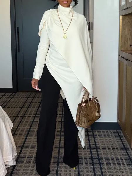 High Elasticity Urban Plain Asymmetric Mock Neck Blouse Two-Piece Set