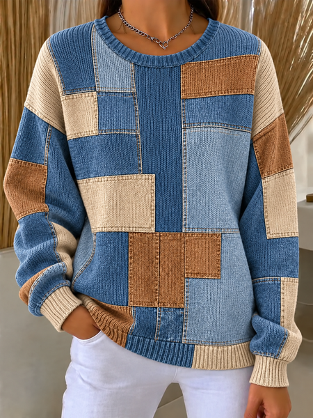Casual Color Block Crew Neck Long Sleeve Sweatshirt