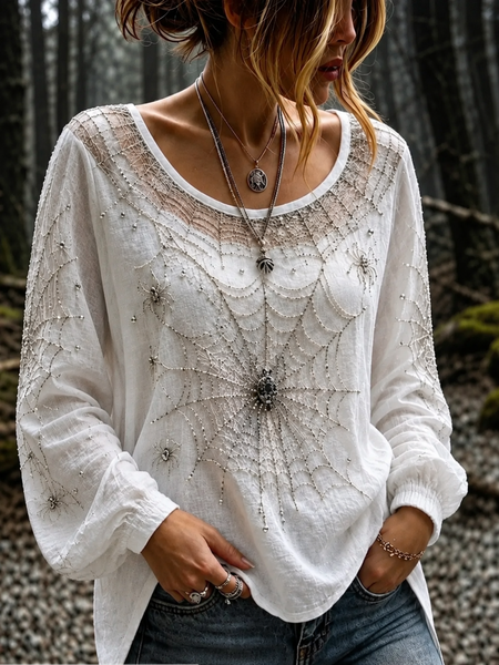 Women Halloween Vintage Blouse Crew Neck Long Sleeve Printing Top