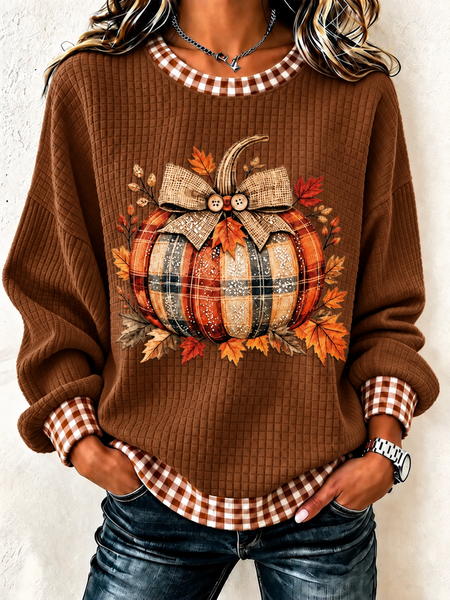 Casual Plaid Crew Neck Long Sleeve Sweatshirt