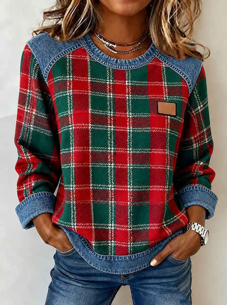 Casual Plaid Crew Neck Long Sleeve Sweatshirt