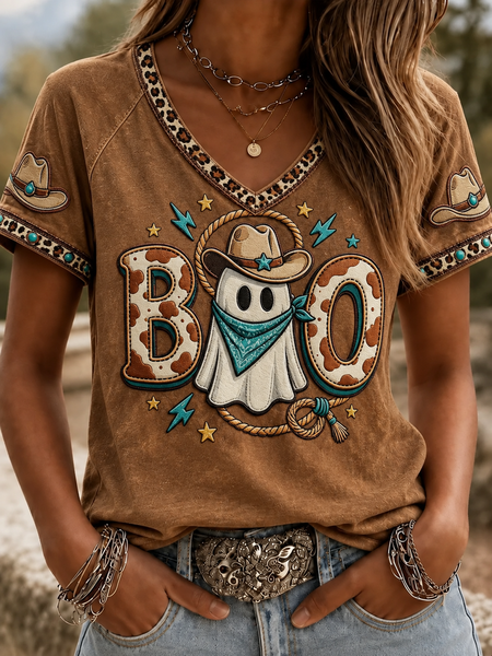 Vintage Halloween V Neck Short Sleeve T-shirt