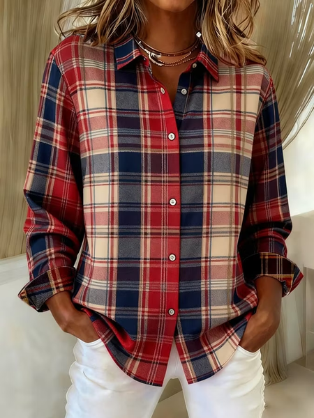 Women Plaid Vintage Shirt Shirt Collar Long Sleeve Top