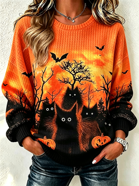 Casual Cat Crew Neck Long Sleeve Sweatshirt