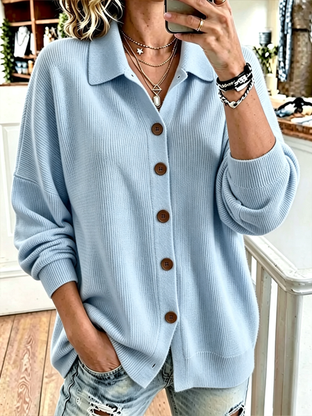 Women Plain Long Sleeve Shirt Collar Casual Spring/Fall Cardigan Outerwear