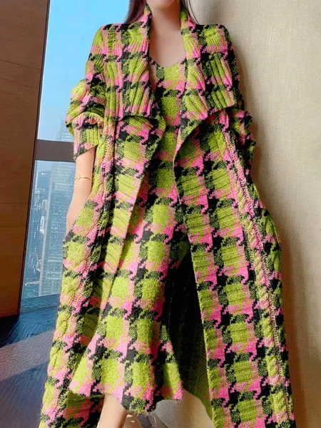 Elegant Houndstooth Shawl Collar Sweater Cardigan