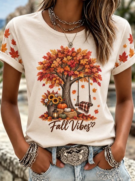 Casual Maple Leaf Crew Neck Short Sleeve T-shirt