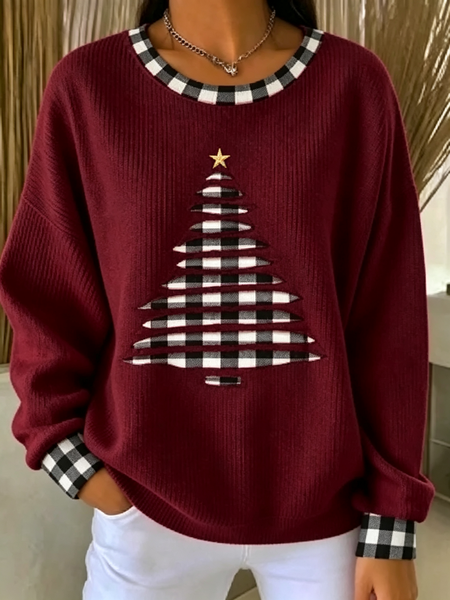 Women Plaid Crew Neck Printing Casual Spring/Fall Long Sleeve Sweatshirt