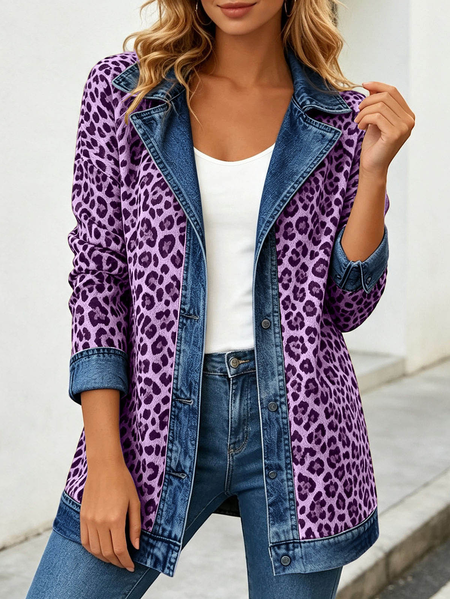 Women Spring/Fall Outerwear Vintage Split Joint Leopard Long Sleeve Lapel Collar Jacket