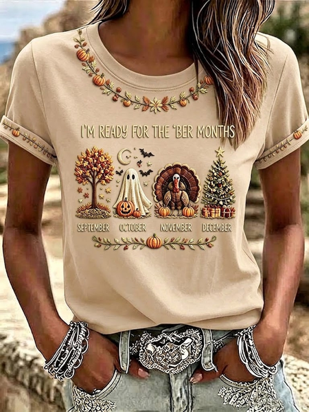 Women Halloween Short Sleeve Tee T-shirt Crew Neck Printing Casual Graphic Tee Summer Top