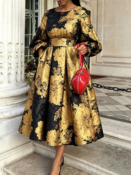 Elegant Floral Crew Neck Long Sleeve Midi Dress