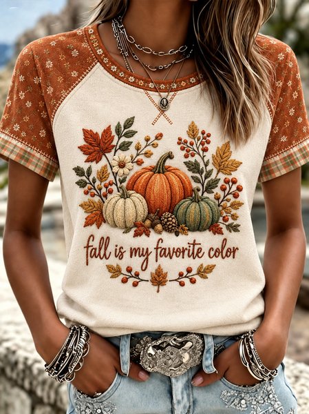 Vintage Pumpkin Pattern Crew Neck Short Sleeve T-shirt