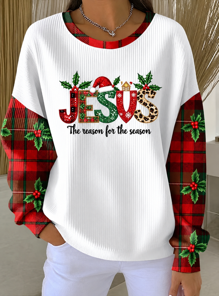 Women Plaid Crew Neck Printing Casual Spring/Fall Long Sleeve Sweatshirt