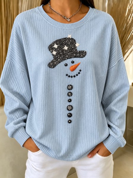 Women Christmas Snowman Crew Neck Casual Spring/Fall Long Sleeve Sweatshirt