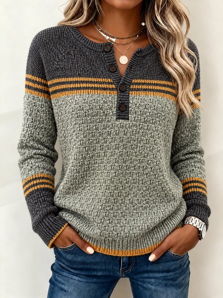 Women Striped Long Sleeve Tee T-shirt Henley Collar Casual Spring/Fall Top