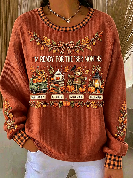 Women Plaid Crew Neck Printing Casual Spring/Fall Long Sleeve Sweatshirt