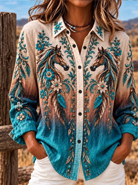 Women Floral Shawl Collar Long Sleeve Shirt Vintage Daily Spring/Fall Top