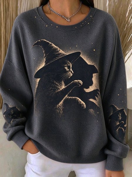 Women Cat Crew Neck Casual Spring/Fall Long Sleeve Sweatshirt