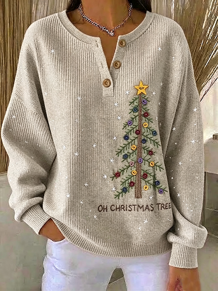 Women Christmas Henley Collar Printing Vintage Spring/Fall Long Sleeve Sweatshirt