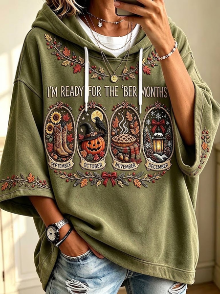 Women Maple Leaf Printing Half Sleeve Casual Daily Spring/Fall Hoodie