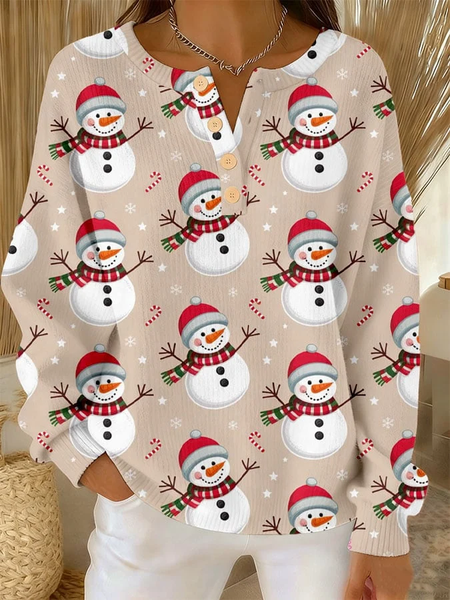 Women Christmas Snowman Henley Collar Printing Vintage Spring/Fall Long Sleeve Sweatshirt