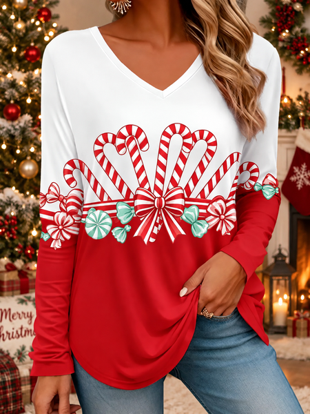 Women Color Block Long Sleeve Tee T-shirt V Neck Printing Casual Spring/Fall Top