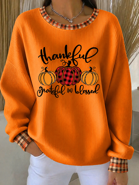 Women Plaid Crew Neck Printing Casual Spring/Fall Long Sleeve Sweatshirt
