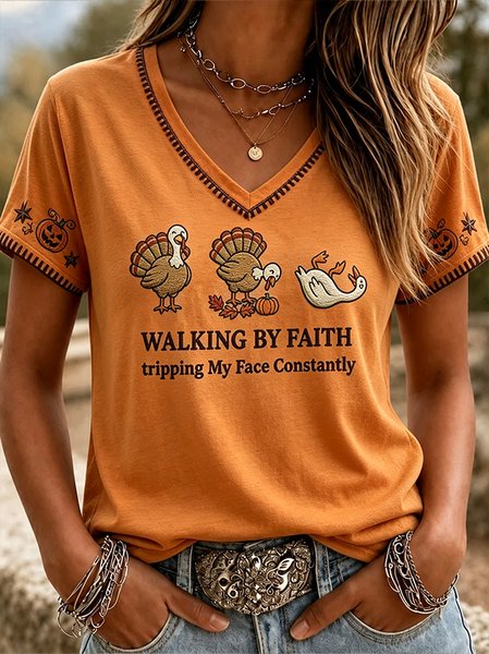 Women Text Letters Short Sleeve Tee T-shirt V Neck Vintage Summer Top