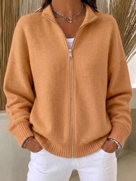 Women Plain Zipper Long Sleeve Stand Collar Vintage Spring/Fall Jacket Outerwear