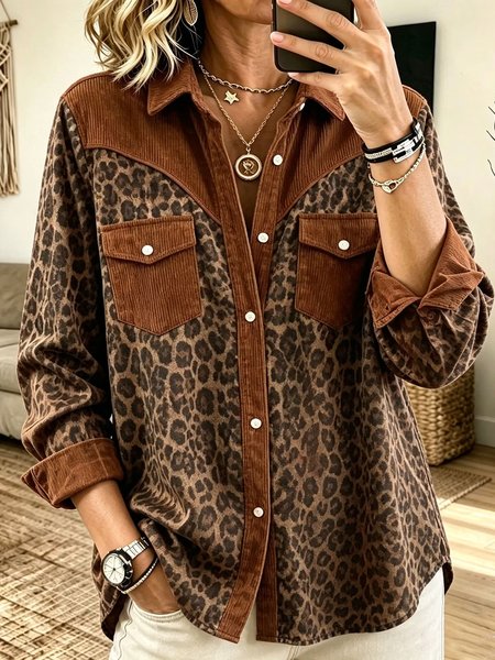 Women Color Block Shawl Collar Long Sleeve Shirt Printing Casual Daily Spring/Fall Top