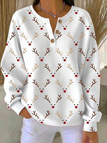 Women Christmas Henley Collar Printing Vintage Spring/Fall Long Sleeve Sweatshirt