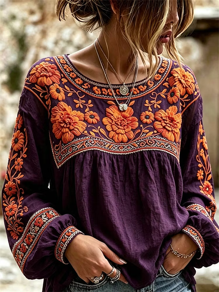 Women Floral Crew Neck Long Sleeve Blouse Printing Vintage Daily Spring/Fall Top