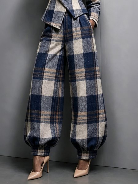Urban Plaid Printing Ankle Banded Pants
